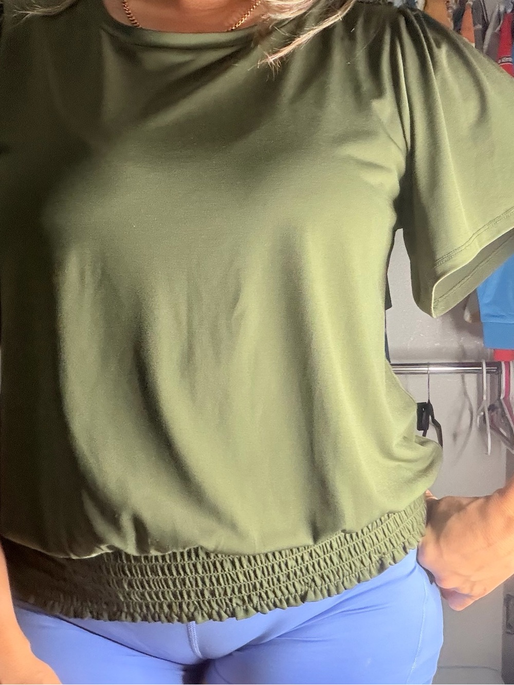Michael Kors Olive Green Smocked-Hem Crop Top